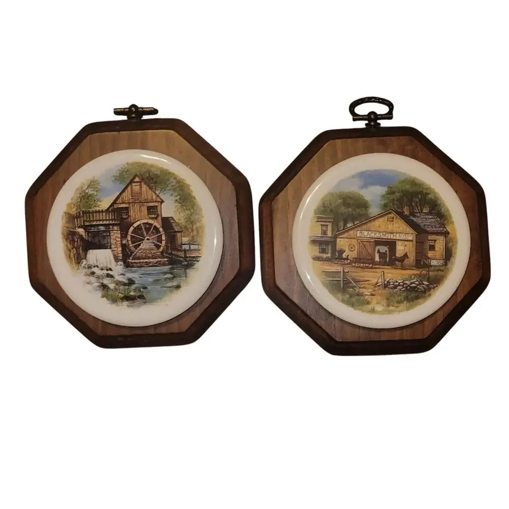 Vtg Handmade Octagon Wood Wall Plaques Ceramic Tiles Gallery Wall Farmhouse